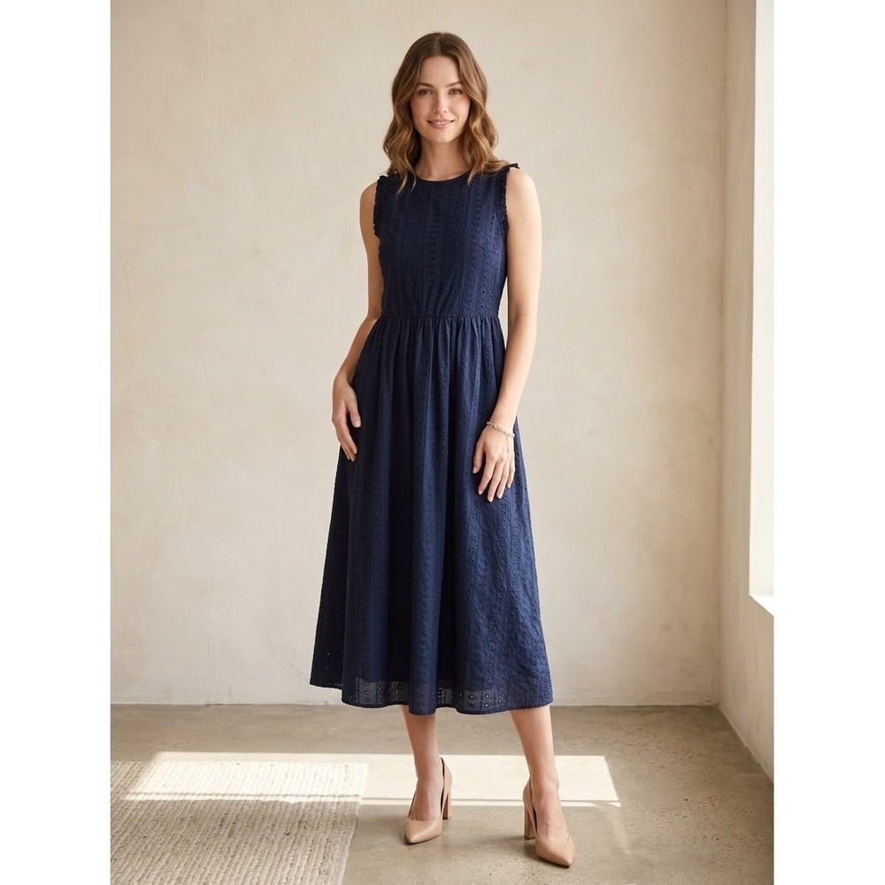 CeCe Navy Blue Eyelet Sleeveless Midi Dress Ruffle Trim Crew Neck C431 Size M